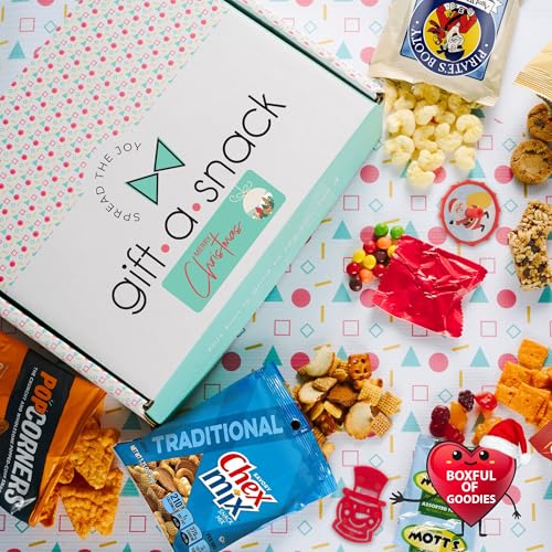 Image of Gift A Snack - Christmas Candy Stocking Stuffers, Pre-filled Holiday Snack Box Care Package + Greeting Card (60 Count) Sweet Treats Gift Basket, Candies Chips Office Food Assortments