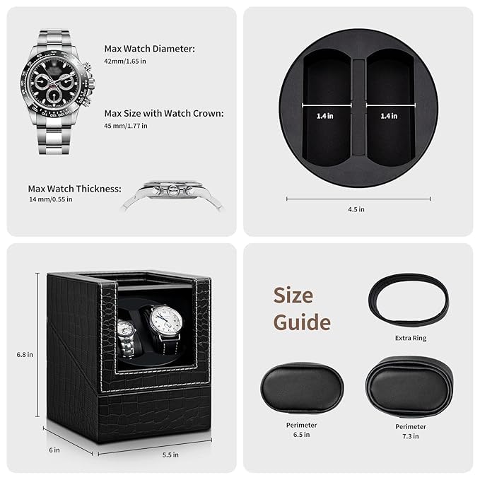 Image of Double Automatic Watch Winder Box, Automatic Watch Display Storage Rotation Wristwatch Box with 2 Slots-Black (CROC)