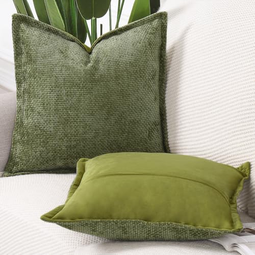 Image of MADIZZ Decorative Chenille Velvet Throw Pillow Covers Set of 2 Soft Boho Textured Neutral Couch Throw Pillow for Bed Modern Farmhouse Home Decor for Sofa Livingroom Moss Green 18x18 Inch