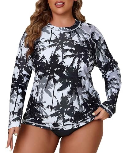 Halcurt Womens Plus Size Long Sleeve Rash Guard Swim Top with Built in Bra Loose Fit UPF50+ Sun Protection Swimsuit