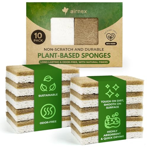 Image of 10 Pack Biodegradable Natural Kitchen Sponge - Compostable Cellulose and Coconut Walnut Scrubber Sponge - Eco Friendly Sponges for Dishes