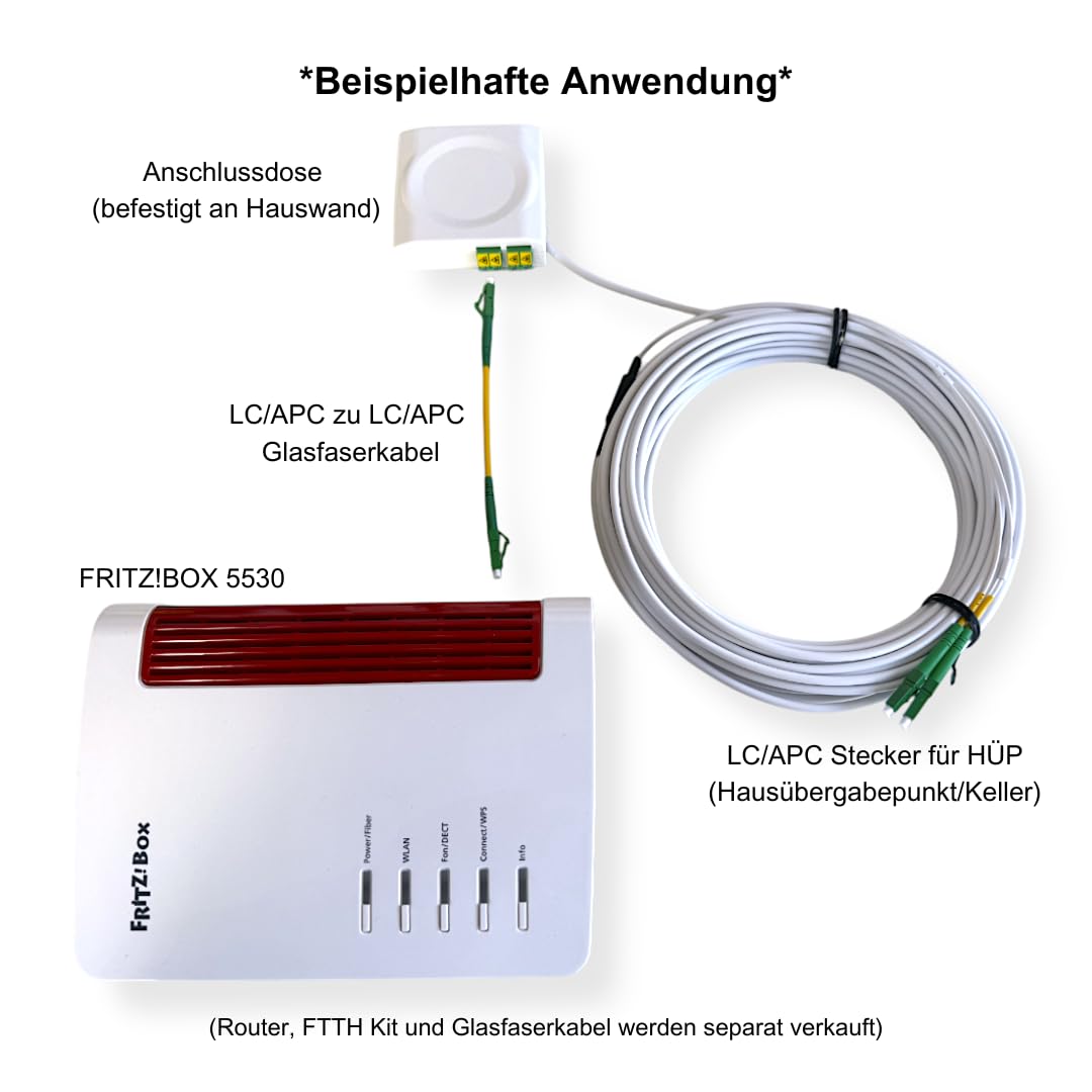 FTTH KIT 10m – vorkonfektioniertes Glasfaserkabel LC/APC 8°, OS2 Duplex Patchkabel weiß, 4,0 mm, G.657.A2 für Router
