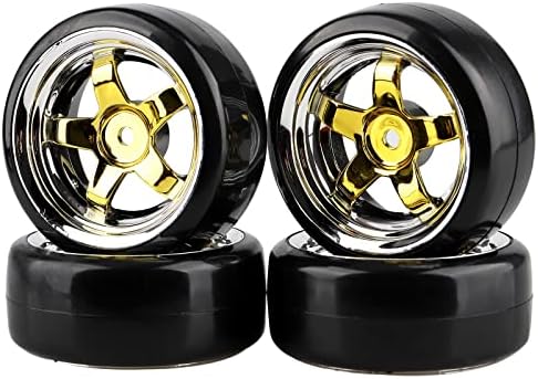Shaluoman Plating 5-Spoke 12mm Hub Wheel Rims with Hard Plastic Tires for RC 1:10 Drift Car Gold
