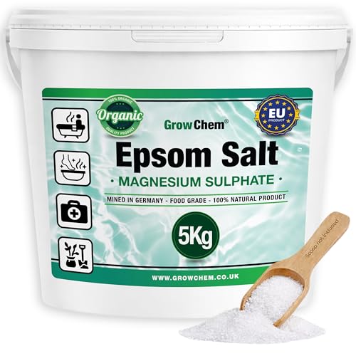 Grow Chem Natural Epsom Salts (5KG Bucket) Pure Food Grade Magnesium Sulphate Mineral 100% Natural Salts Mined in Germany - for Health Detoxification Muscle Relief Exfoliating & Gardening