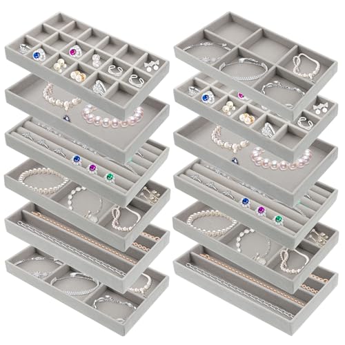 12pcs Jewellery Organiser Tray for Drawers, Velvet Removable Dividers Jewelry Drawers Organizer Trays, Jewelry Storage Display Trays for Necklace Earring Ring Bracelet, 6 Style Grey (Multi -grid)