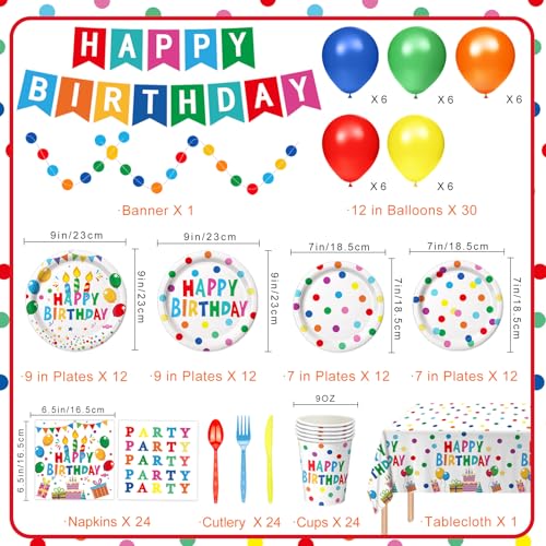 Happy Birthday Decorations - Colorful Dots Birthday Party Supplies Includes Plates, Napkins, Cups, Cutlery, Banner, Hanging Swirl, Tablecloth, Balloons for Kids Boys Girls, Serves 24 - Image 4
