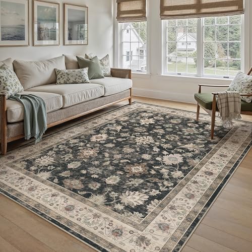 Waschbarer Teppich 160x230cm Wohnzimmer Blumenmuster kurzflor rutschfest Weich Bumen Boho Vintage Teppiche für Schlafzimmer Küchen Esszimmer Bedroom Living Room, Schwarz Secret Garden | Schw