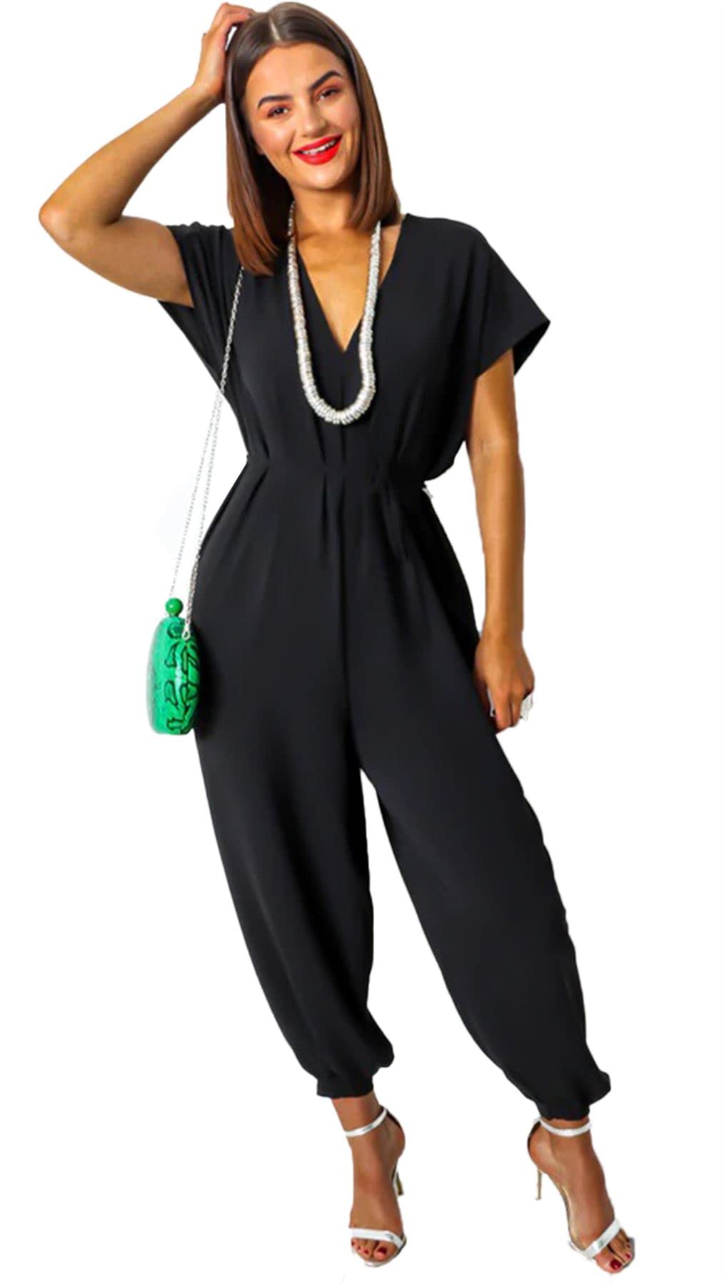 Crazy Girls Womens V Neck Short Sleeve Harem Wide Cuffed Leg Jumpsuit Ladies Tie Waist Belted Rompers Beach Party Summer Playsuit