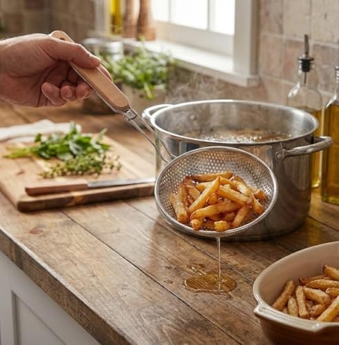 Orret Home Ahşap Saplı Uzun Kulplu Çelik Kevgir – Paslanmaz Metal Süzgeç, Derin Gövdeli, Ergonomik Tasarım, Isıya Dayanıklı, Mutfak Gereci (14 Cm) - Görsel 6