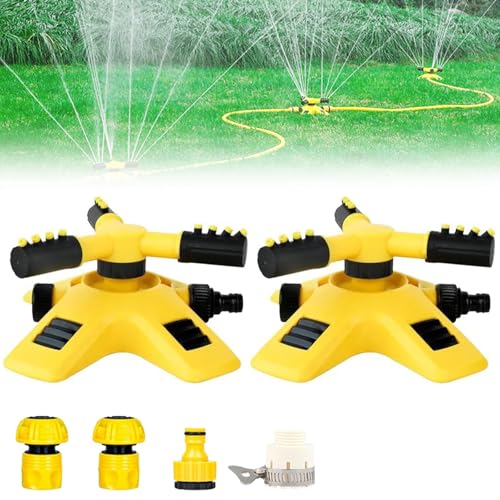 Garden Sprinkler, 360° Adjustable Rotary Sprinklers for Lawns, Large-Area Base-Mounted Sprinkler with 3 Spray Arms, Automatic Water Sprinkler for Lawn, Garden, and Kids' Play (2 PCS)
