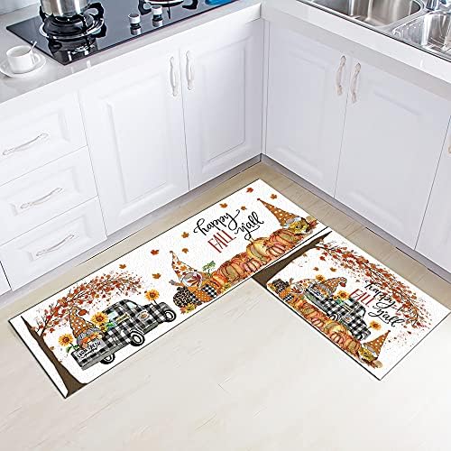 delaimastor Fall Gnome Pumpkin Decorative Kitchen Mats Set of 2, Fall Halloween Thanksgiving Rustic Yard Low-Profile Floor Mat for Kitchen, Gnome Plaid Maple Leaves Seasonal Decorative Floor Mat