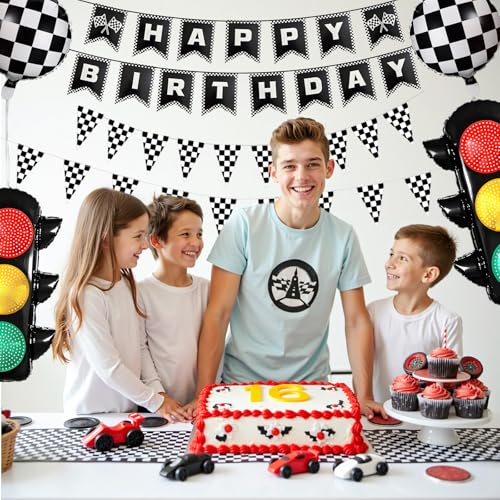 Race Car Birthday Party Decorations with Traffic Light Balloons,Automobile Party Decor for Kids Include Transportation Light Balloons Happy Birthday Banner Checkered Pennant Banner Checkered Balloon by STJKRCLW - Used condition - Image 7