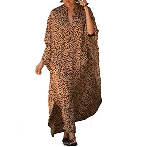 Bsubseach Beach Kaftan Dresses Women Button Down Long Rayon Caftan Swim Cover Up Muumuu Dress Oversized Coverups With Pockets Brown One Size