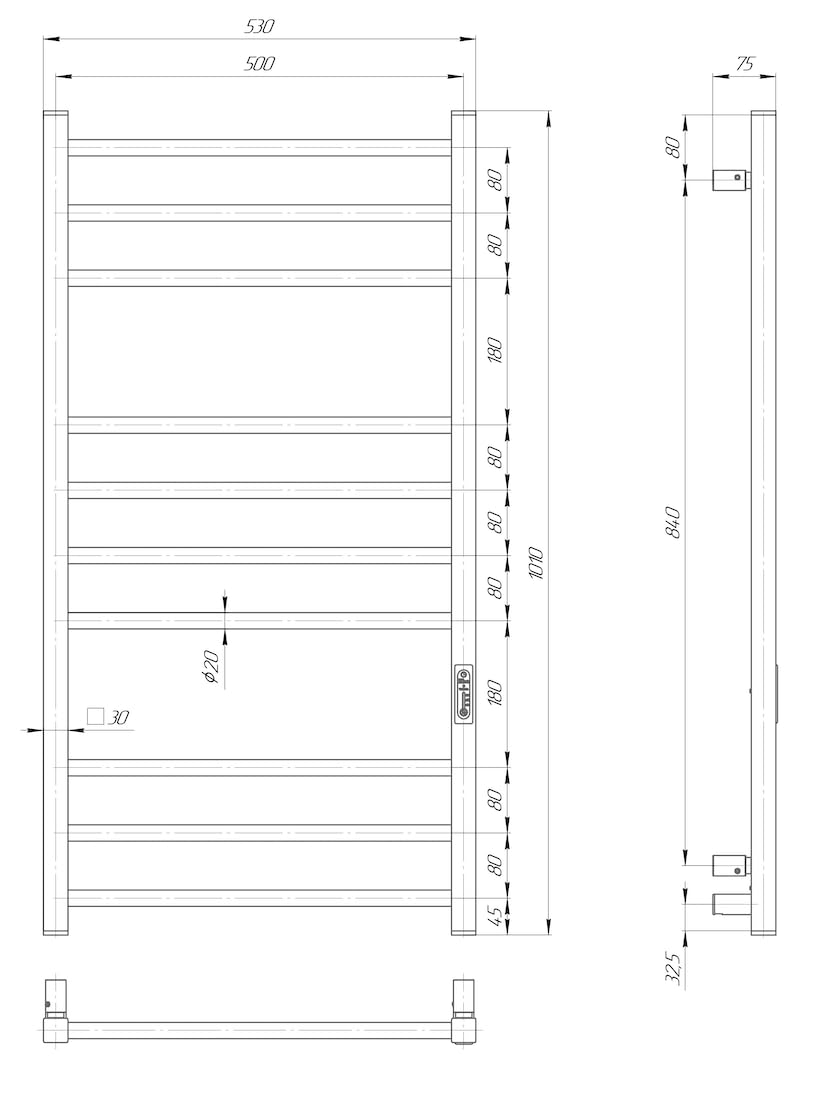 Elna Elektryczny grzejnik na ręczniki, czarny, 180 W, 1010 x 530 mm, do hoteli, studia i mieszkań wynajmowanych, stal nierdzewna, matowa, z timerem i termostatem, IP44, montaż ścienny