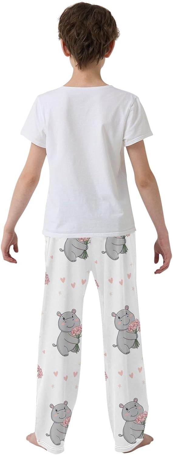 Cute Cartoon Hippo White Pajama Pants, Soft Modal Lounge Bottoms with Elastic Waist and Pockets