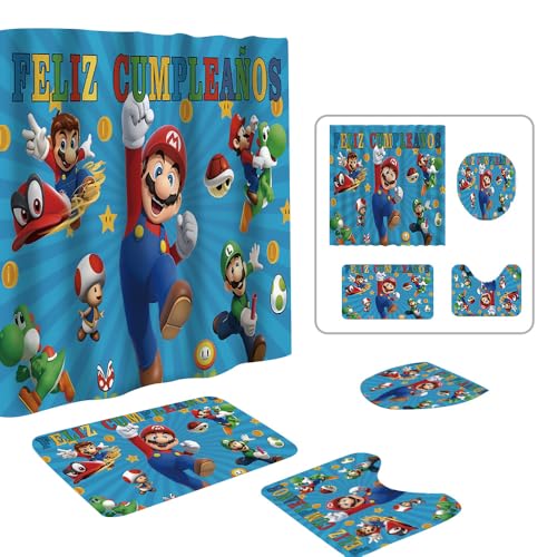 DIOSN Cute Mario Shower Curtain Set 4 Piece with Non-Slip Rugs Toilet Lid Cover and Bath Mat Cartoon Bathroom Decor 72 x 72inch (Mario)