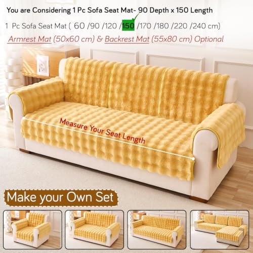 Image of HOKIPO 'FurHug' Premium Faux Rabbit Fur Sofa Cover Mats for L Shape and 1 /2 /3 Seater Sofa. Make Your Own Sofa Cover Set, Mat Length 90(D) X 150(L) Cm, Honey Yellow (NEW2-5014-YLW)