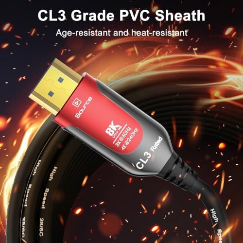 8K CL3 Rated HDMI Cable 30 ft, 48Gbps Fiber Optic Ultra High Speed Long HDMI 2.1 Cord, in-Wall CL3 Cable for Pipes,8K@60Hz 4K@240Hz Dynamic eARC/HDCP 2.2&2.3 Compatible with HDTV, Gaming Consoles
