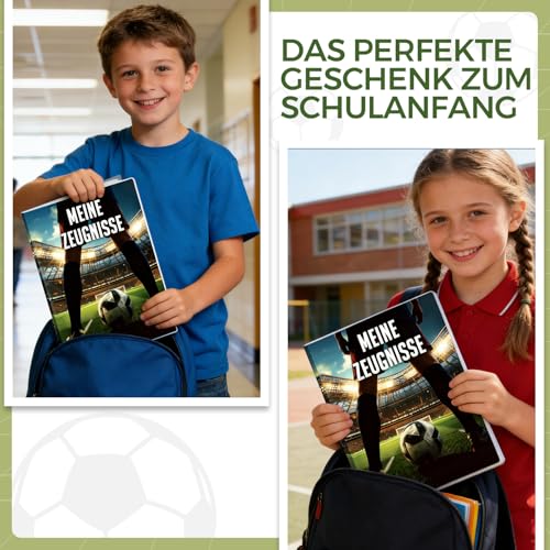 Zeugnismappe A4 mit 30 Hüllen - Geschenke zur Einschulung Schulanfang, Dokumentenmappe A4 Sichtbuch Urkundenmappe Mappe mit Klarsichthüllen, Document Organizer für Zertifikate Urkunden, Fußballmuster
