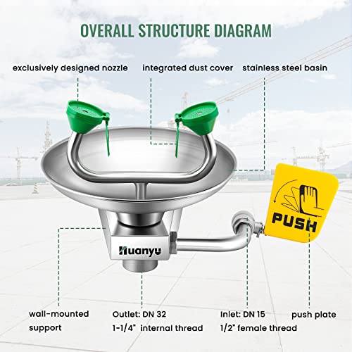 Image of Huanyu Emergency Wall Mount Eye Wash Station Wall Mounted Eyewash Stations OSHA Approved Heavy Duty 304 Stainless Steel Plumbing Eye Washing Unit for Industrial Commercial Lab Use (1301)