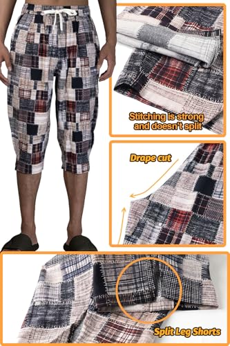 Men's Harem Yoga Shorts Cotton Capri 3/4 Pants Patchwork Casual Beach Shorts Drawstring Cropped Trousers Brown2