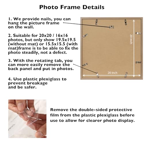 Image of JCJMY 20x20 Picture Frame Rustic Brown with 16x16 Mat, Display Photo 16x16 with Mat or 20 x 20 Without Mat, Wall Hanging Large 20x20 Poster Frame with Shatter Resistant Plexiglass, Rustic Brown