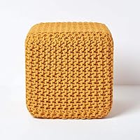 HOMESCAPES Pouf carré tressé en Tricot, Pouf Cube Coloris Jaune Moutarde, 35x35x35 cm
