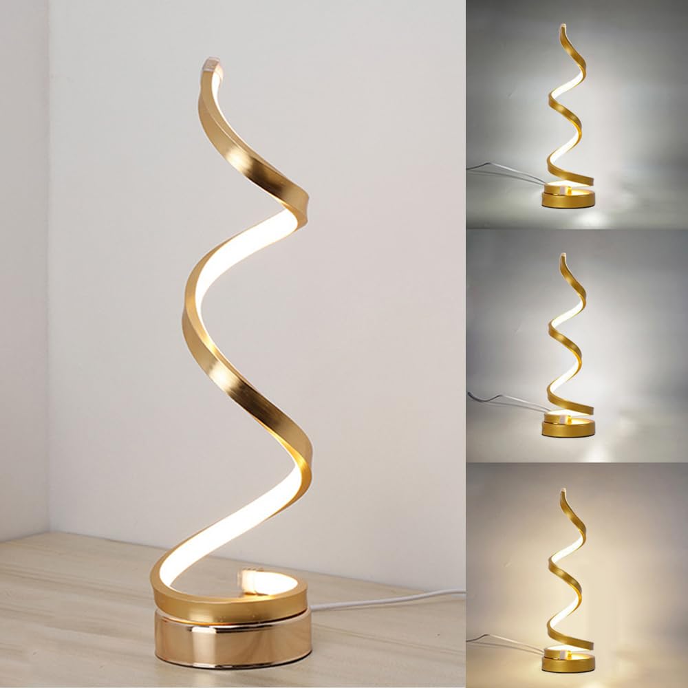 Mengjay Lámpara de Escritorio LED Espiral, Lámpara de Noche de Aluminio Moderna,Regulable LED 3 temperatura de color lámpara de mesa,proteccion ocular LED curvado lámpara de noche (Oro)