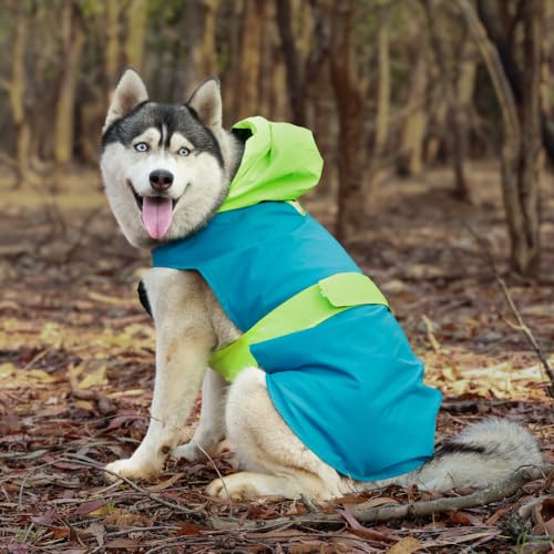 Image of Waterproof Dog Raincoat with Hood | Double Coloured Blue-Green | Adjustable Velcro | Extra Coverage | Easy to Carry Pouch | for Small, Medium and Large Breed Dogs (Maxi Adult (5XL))