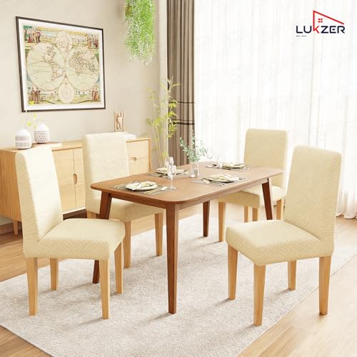 Image of Lukzer Elastic Dining Chair Cover - 4PC Pastel Yellow Abstract | Textured High Stretch Jacquard Seat Cover | Removable Washable Short Dining Chair Cover Protector Seat Slipcover | (CC-170-04)