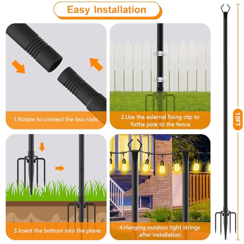 4 Pack String Light Poles,10 Ft Metal Poles with Fork for Outdoor String Lights,Outdoor Light Poles with Fork,Poles/Post/Stand for Outside,Patio,Deck,Backyard,Garden Wedding,Party