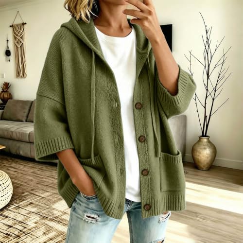 XINGJIAARTS Button Up Cardigans for Women 3/4 Sleeves Hooded Sweater Fall Warm V Neck Drawstring Jackets Soft Knit Cardigan Army Green Small - image 2