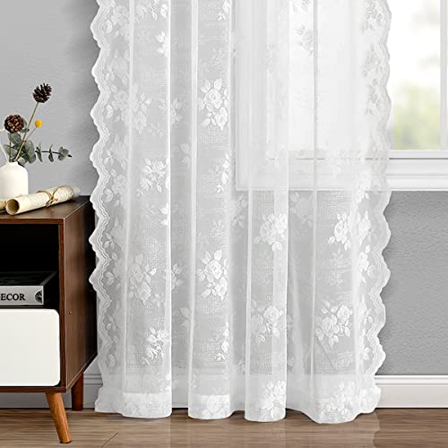 Finecity Lace Curtains For Bedroom - Romantic Striped Dots Rose Floral Lace Curtains 72 Inch Length, Scalloped White Lace Curtains For Windows, Sheer Lace Curtain Panel 52 X 72 Inch, 2 Panels, White #TOP4