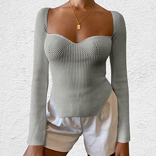 Image of Women's Square Neck Ribbed Knitted Sweater Long Sleeve Crop Slim Fitted Basic Pullover Tops