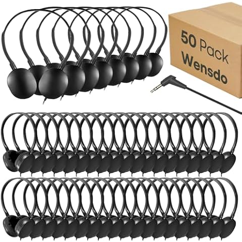 Wensdo 50 Pack Bulk Classroom Headphones for Students Kids School, Wholesale Durable Earphones Class Set with 3.5mm Jack for Chromebook Laptop PC Computer (HY104,Black) Cover