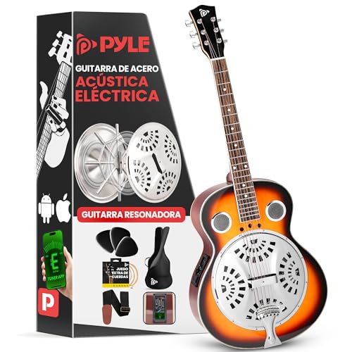 Pyle guitarra electrica, Resonador tradicional, 6 cuerdas, Preamplificador incorporado, Accesorios