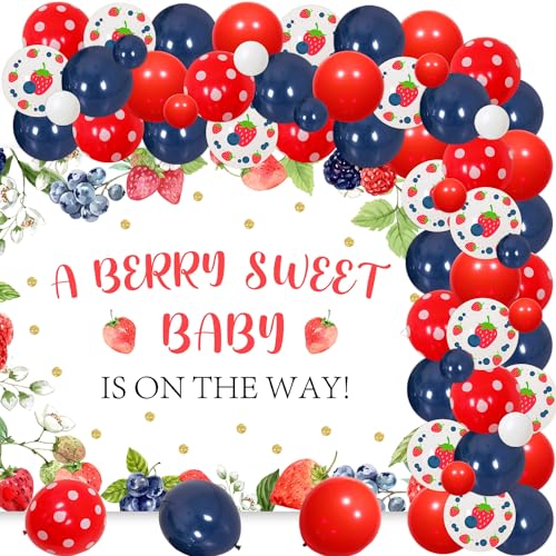 66Pcs Berry Sweet Baby Shower Decorations, Blueberry Strawberry Balloon Garland Arch Kit with a Berry Sweet Baby Is on the Way Backdrop for Girls Fruit Berries Themed Baby Shower Party Supplies