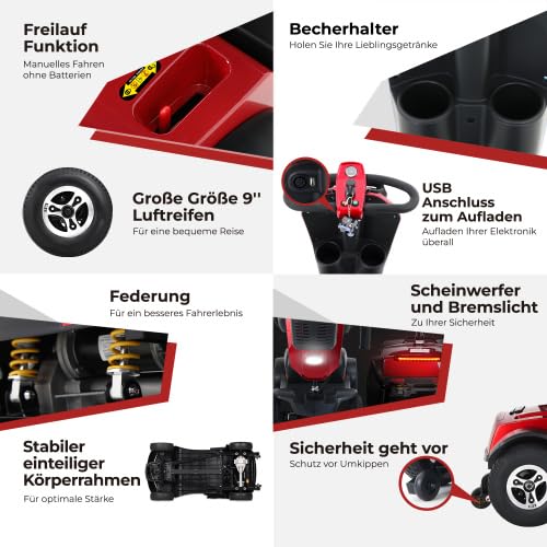 Scooter de movilidad MAX PLUS rojo para mayores, motor 300 W, autonomía 25 km, carga 136 kg, asiento 360°, LED, neumáticos 9 pulgadas