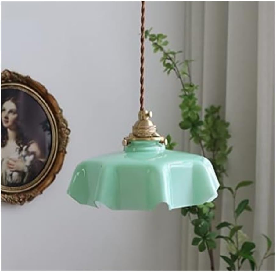 Retro francuski kremowy kształt kwiatu szklany wisiorek oprawy oświetleniowe 2 szt. kolorowa lampa klosz mosiężna lampa wisząca, do jadalni salonu (zielona)