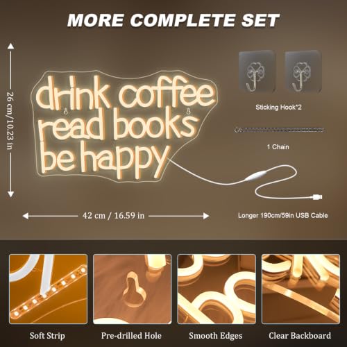 Image of Looklight Drink Coffee Read Books Be Happy Neon Sign Warm White Read Books Led Neon Light for Wall Decor Dimmable USB Neon Light Up Signs for Classroom Coffee Shop Bookstore Library Museum Study Room