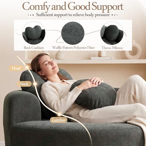 Image of Trustyue Boneless Couch,Comfy Fluffy Sofa Bed,Upholstered Sleeper Sofa with Cup Holder and Throw Pillows,Corduroy Plush Cloud Lounge Chair (Dark Grey, Waffle Polyester)