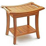 WELLAND Deluxe Teak Shower Bench with Storage Shelf & Lift Handles, 19 1/2-Inch