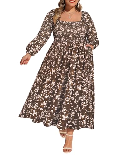 RITERA Plus Size Dresses for Curvy Women Square Neck Fall Long Sleeve Floral Smocked Maxi Dress with Pocket XL-5XL