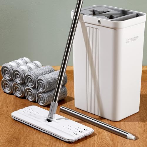 JOYMOOP Serpillère et seau avec essoreuse, balai plat et seau, avec 8 tampons en microfibre et poignée étendue, utilisation humide et sèche, outils de nettoyage ménagers, pour bois dur, stratifié,