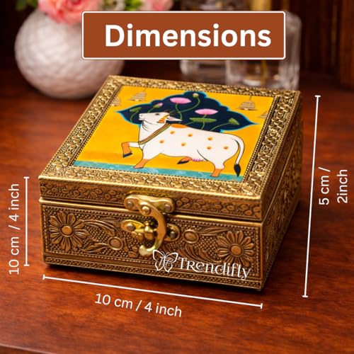 Image of Trendifly Pichwai Design Wooden Oxidised Jewellery Storage Box With Lock for Women 4 x 4 inch | Wood Jewel Earrings Ring Multipurpose Jewelry Organiser Box | Wedding Housewarming Pooja Return Gifts