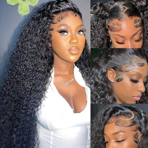 Image of 28 Inch Deep Wave Lace Front Wigs Human Hair 200 Density 13x4 HD Lace Frontal Wigs Human Hair Pre Plucked Deep Curly Glueless Wigs for Women Natural Black