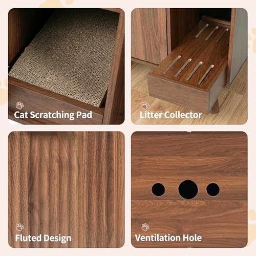 Image of Cat Litter Box Enclosure with Litter Collector,Fluted Hidden Litter Box Furniture with Scratch Pad,31 inch Wooden Cat Cabinet,Cat House,TV Stand,Side Table for Living Room,Walnut
