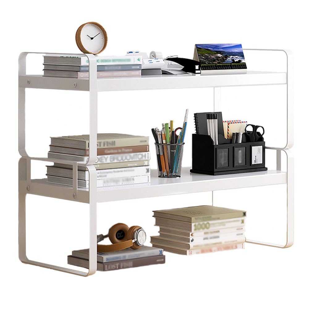 Hggzeg Estantería organizadora de escritorio, estantería de escritorio de madera de 2 niveles, estantería multiusos para almacenamiento en casa, oficina, escuela (blanco y blanco)