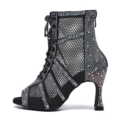 AOQUNFS Bottes de Danse Latine Femme Talon Haut Strass Bottines de Salon de Salsa Bachata Tango Samba Pratique et Performance,L446-Noir-DZ-8.5,EU37
