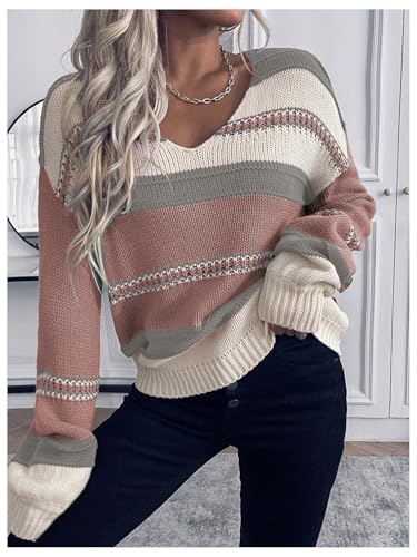 Verdusa Women's V Neck Striped Sweater Cozy Color Block Off The Shoulder Pullover Sweaters3